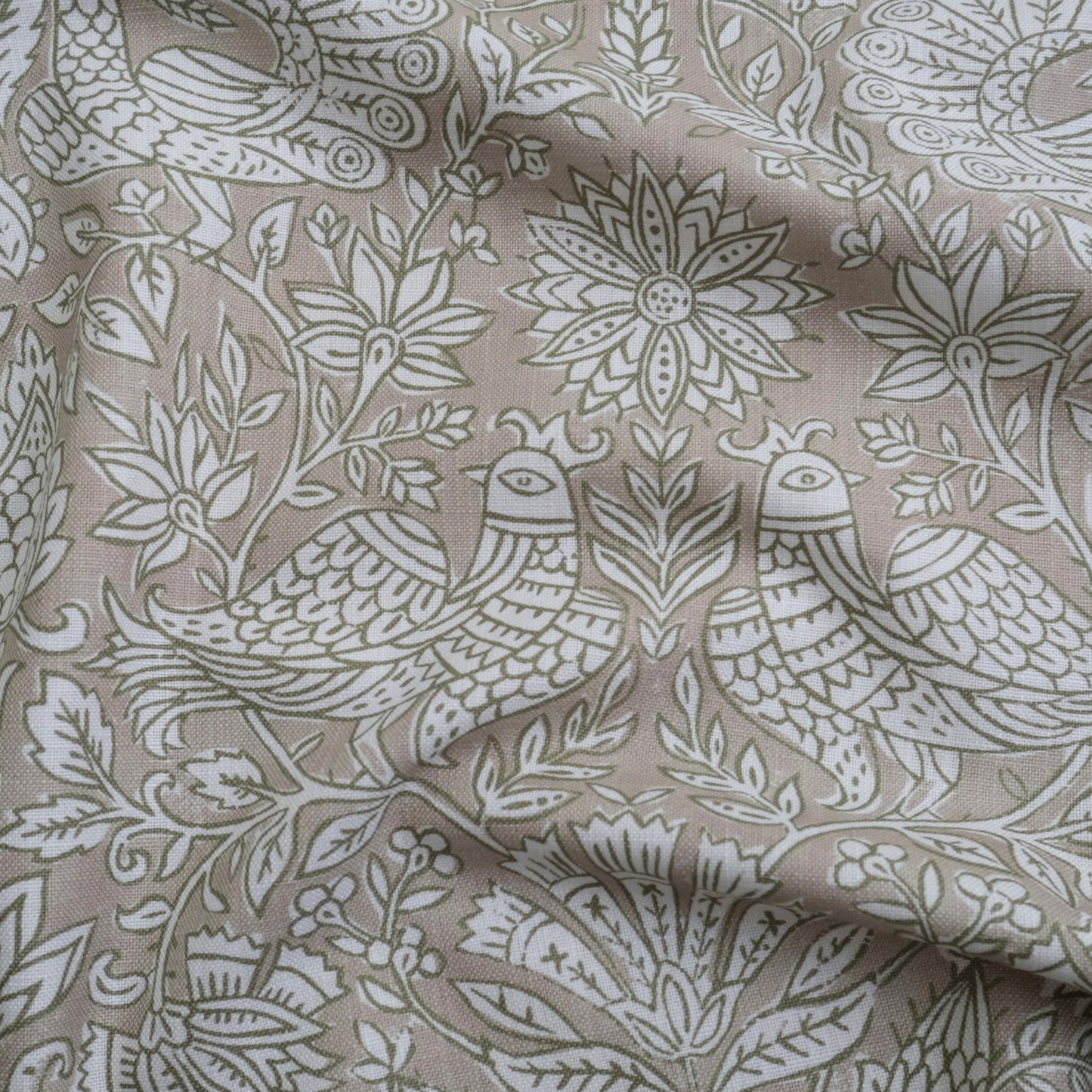 Olive Green Peacock Pattern Print Fabric