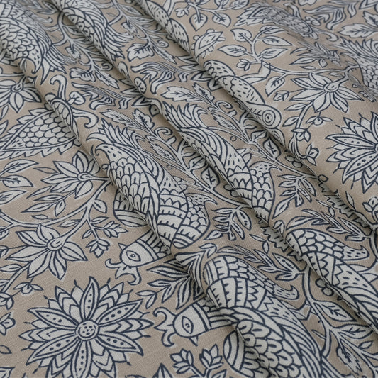Sigrid Blue Floral Bird Print Fabric- Designer Bedroom Drapery