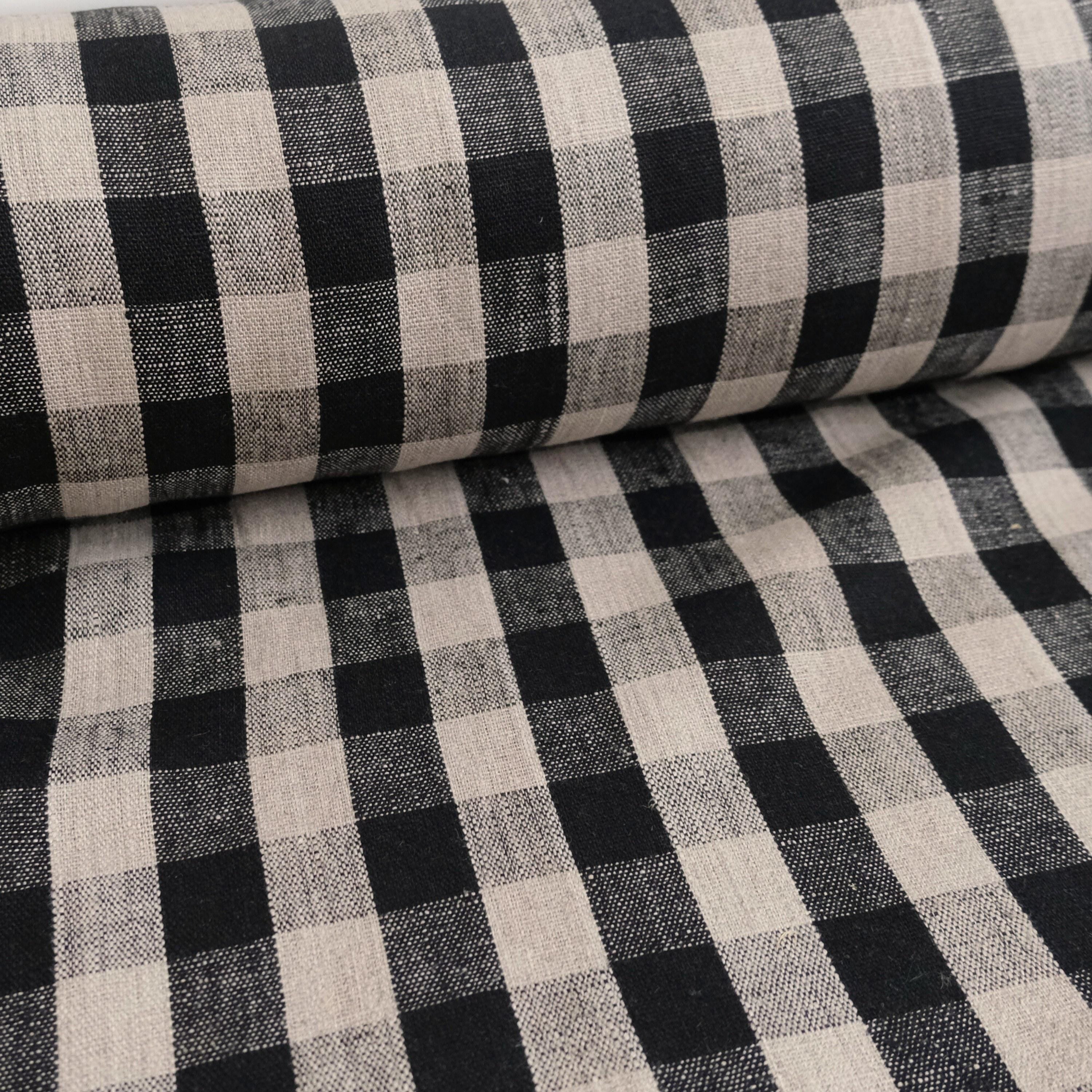 Close up of Onyx Linen Cloth Dark Plaid Table Cover Large Scale Gingham Pattern Decor Textile Dark Moody Style Black Check Fabric Tablecloth Checkered