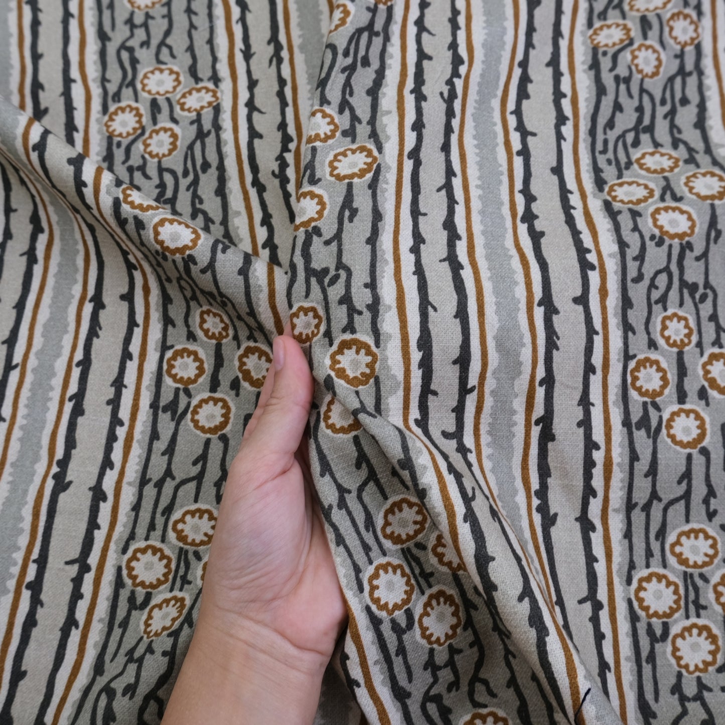 Taupe Terracotta Floral Vine Fabric- Vintage Botanical Cotton by the Half Yard