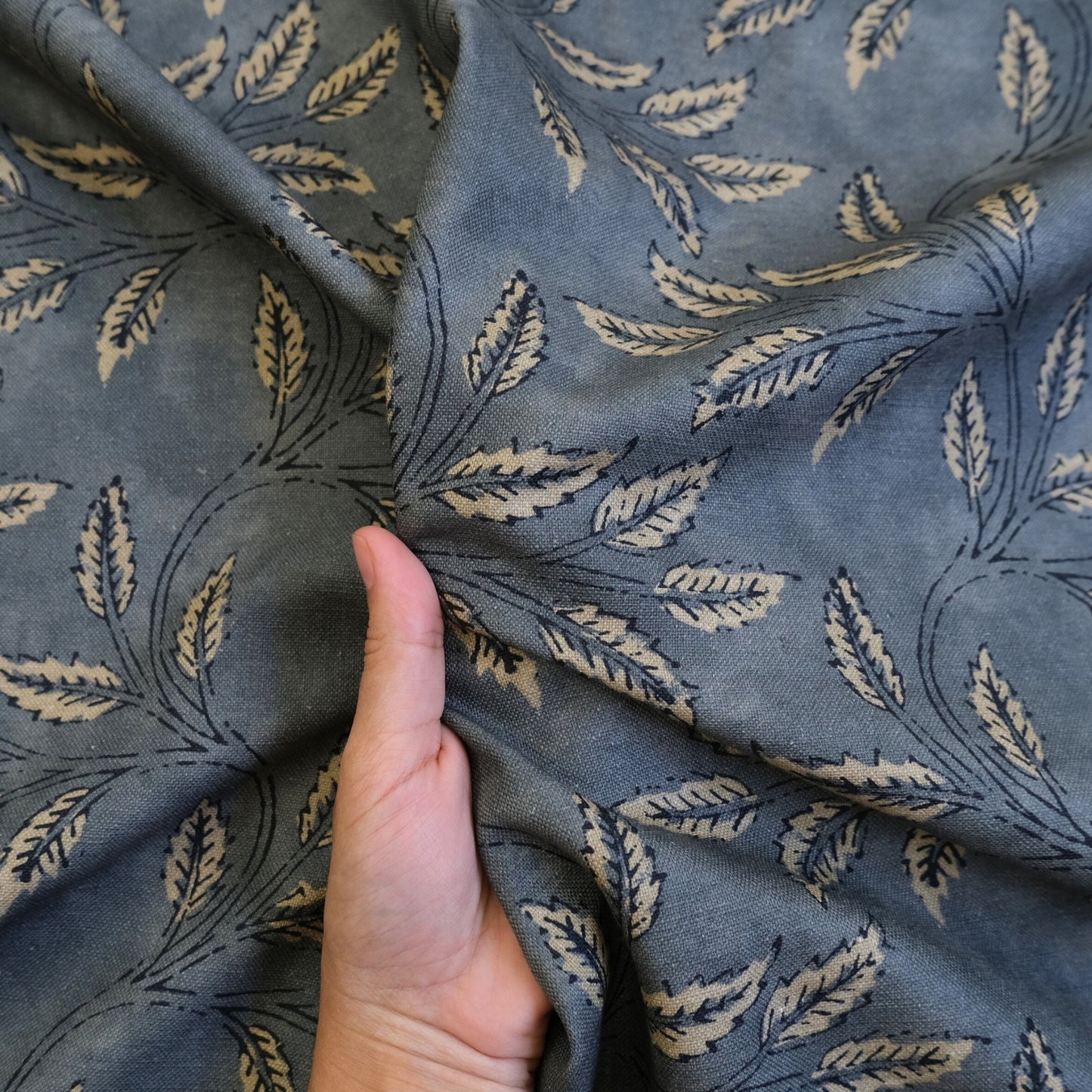 Neutral Foliage Organic Botanical Linen Fabric- Beige Leaf Print for Curtains & Upholstery