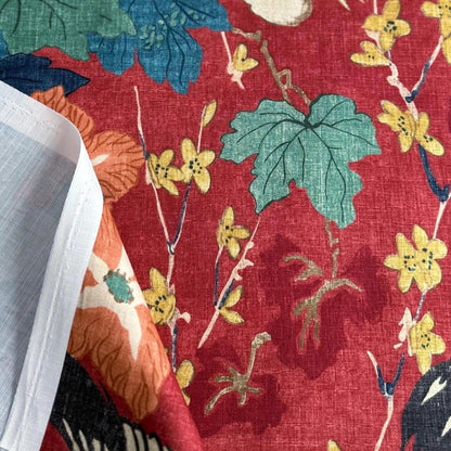 Plume Crimson Red Crane Patterned Fabric- Bird & Leaf Print for Home Decor