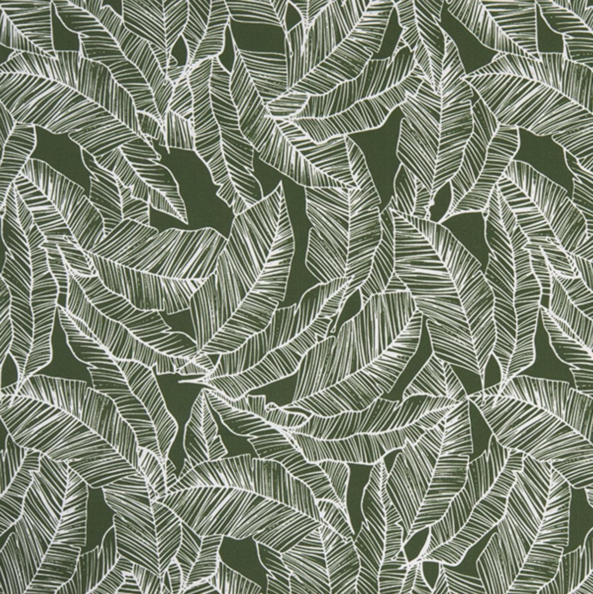 Green fabric featuring layered tropical banana leaf botanical design