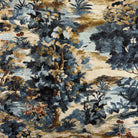The image is a detailed tapestry or fabric with a lush, colorful landscape featuring a variety of trees, flowers, and foliage in shades of blue, green, and brown.