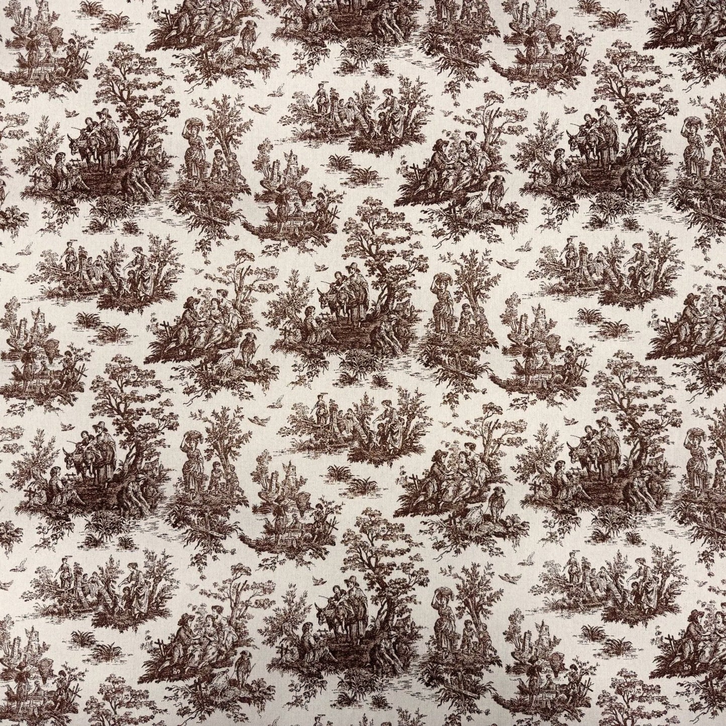 The image is a repeating pattern of various brown and white illustrations depicting people and animals in a landscape setting.