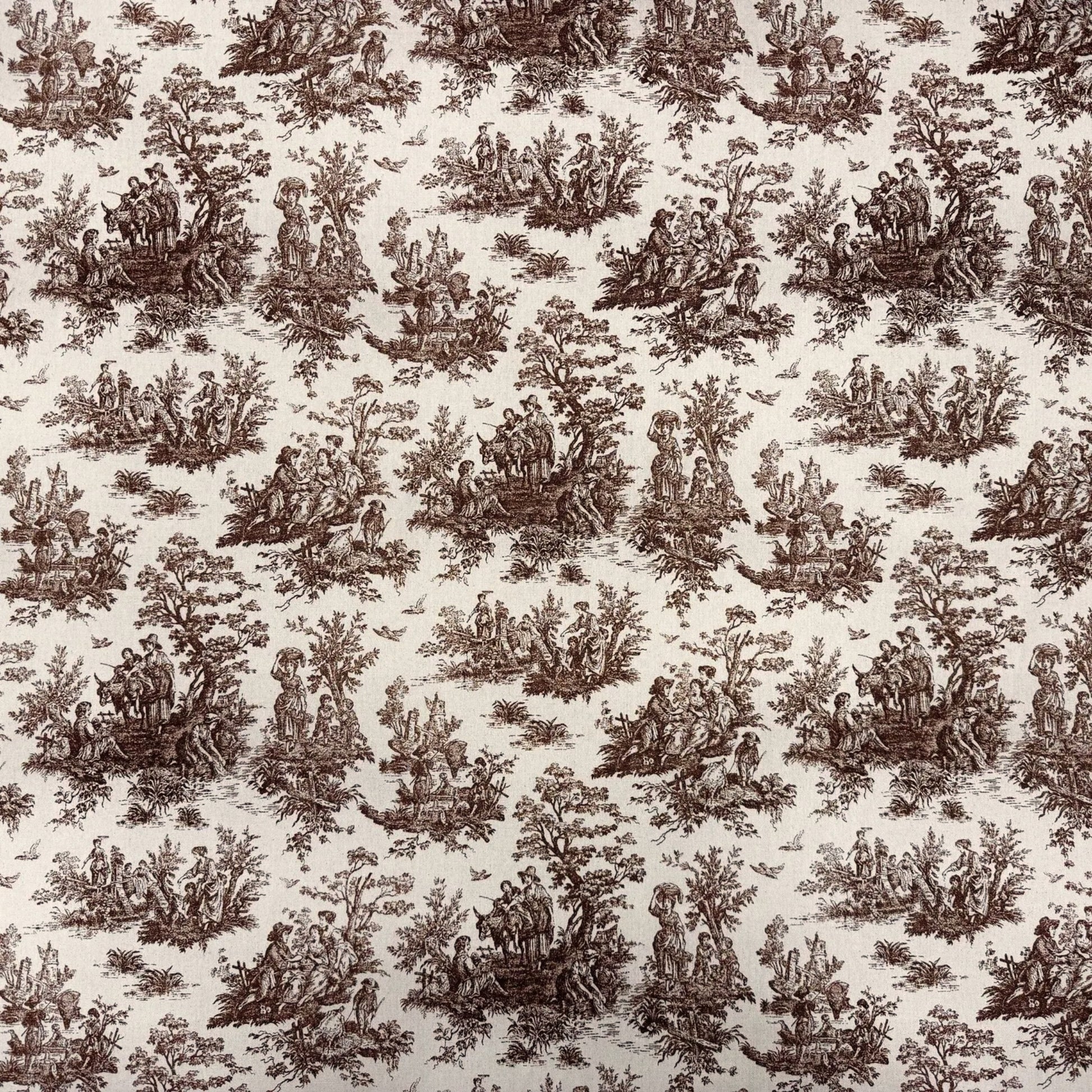 The image is a repeating pattern of various brown and white illustrations depicting people and animals in a landscape setting.
