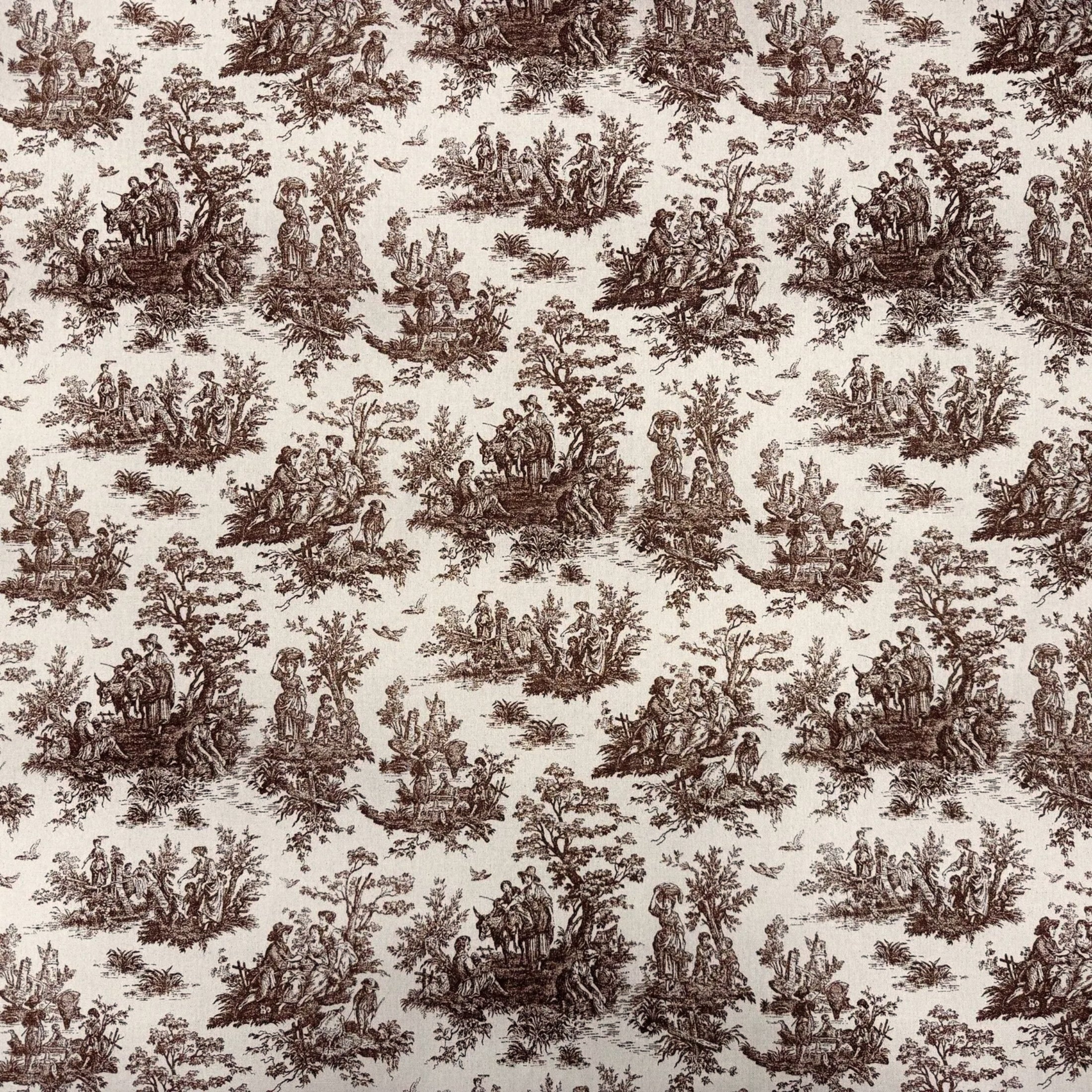 The image is a repeating pattern of various brown and white illustrations depicting people and animals in a landscape setting.