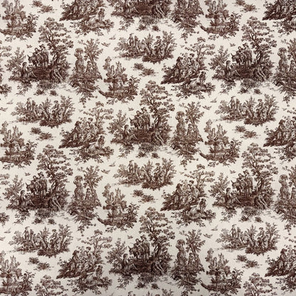 The image is a repeating pattern of various brown and white illustrations depicting people and animals in a landscape setting.