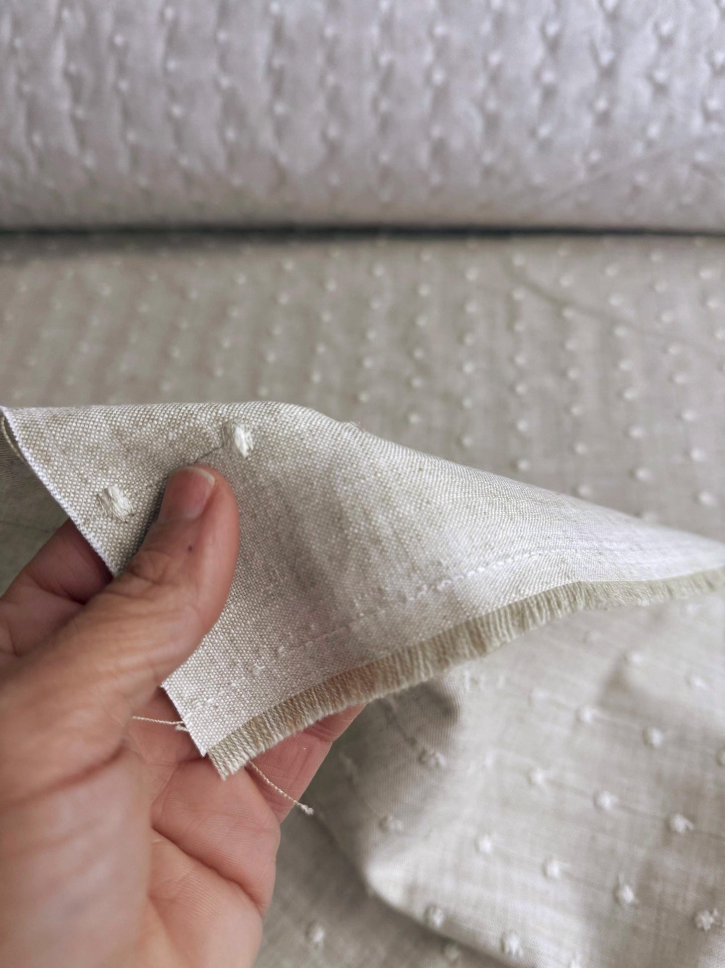 Pique Linen Cream Fabric with Vertical Dot Embroidery- Neutral Home Decor