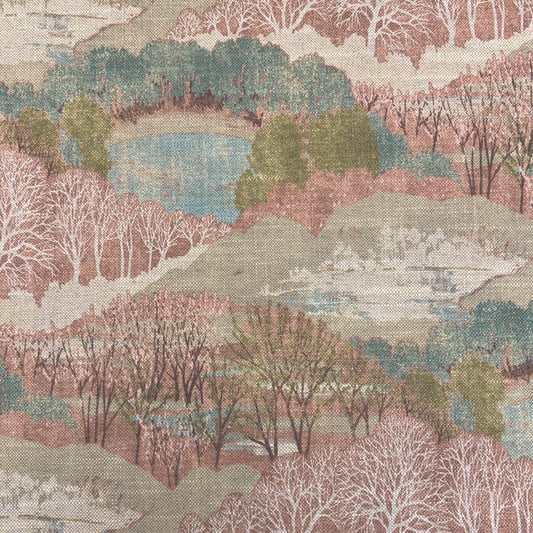 Detailed, repeating woven pattern of the Pink Scenic Forest Landscape Fabric, showcasing the scenic trees, hills, and lake motif in dusty rose and green.