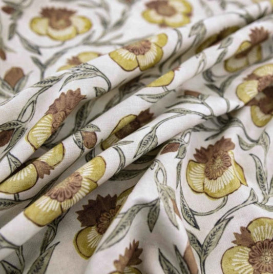 Aveline Turmeric Rust Yellow Floral Print Fabric- Designer Window Drapery & Upholstery
