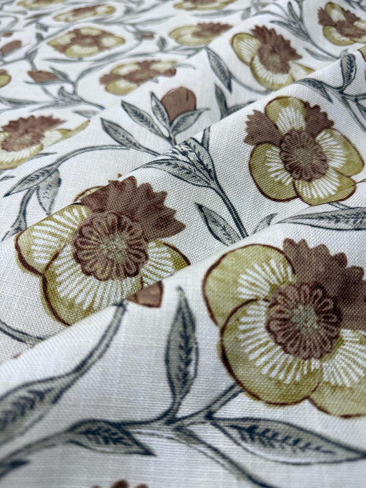 Aveline Turmeric Rust Yellow Floral Print Fabric- Designer Window Drapery & Upholstery