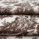 The image is a close-up of a fabric with a repeating brown and white pattern depicting a pastoral scene with people and animals.