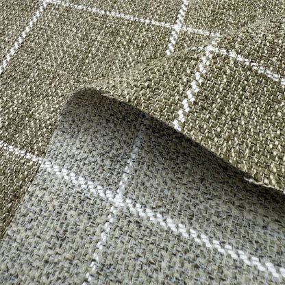 a close-up view of a woven fabric with a checkered pattern, featuring a mix of green and gray colors.