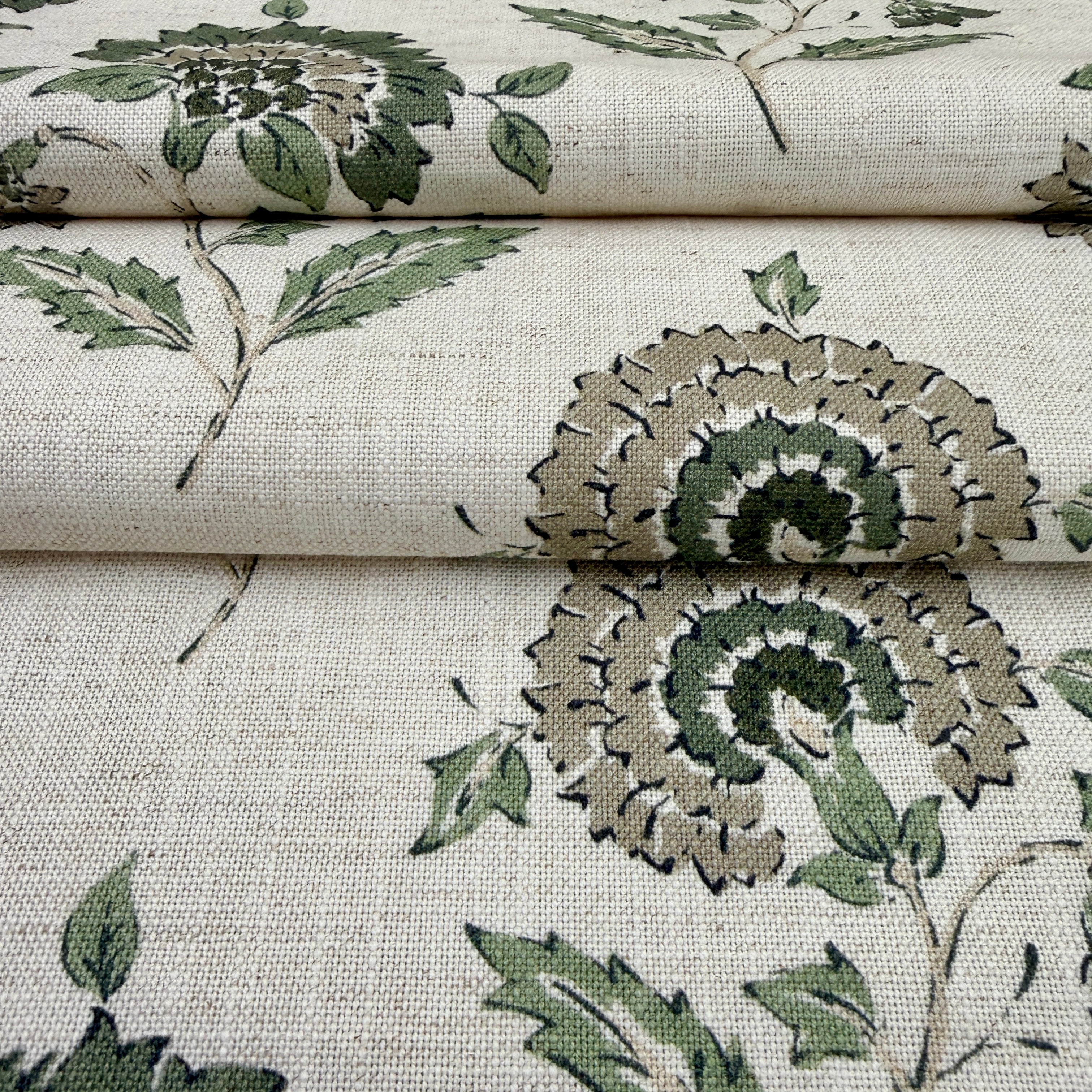Sage green botanical fabric close up texture