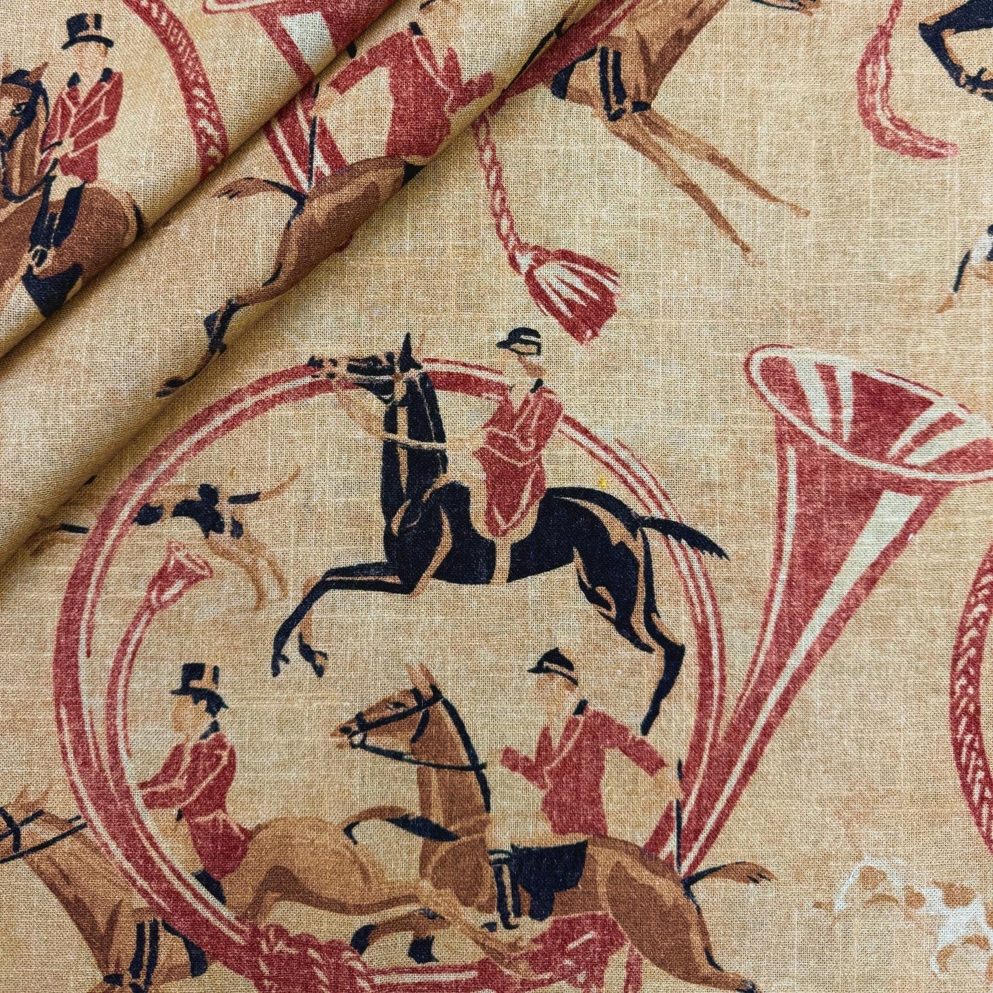Equestrian Style Horse Print Fabric Yardage Red