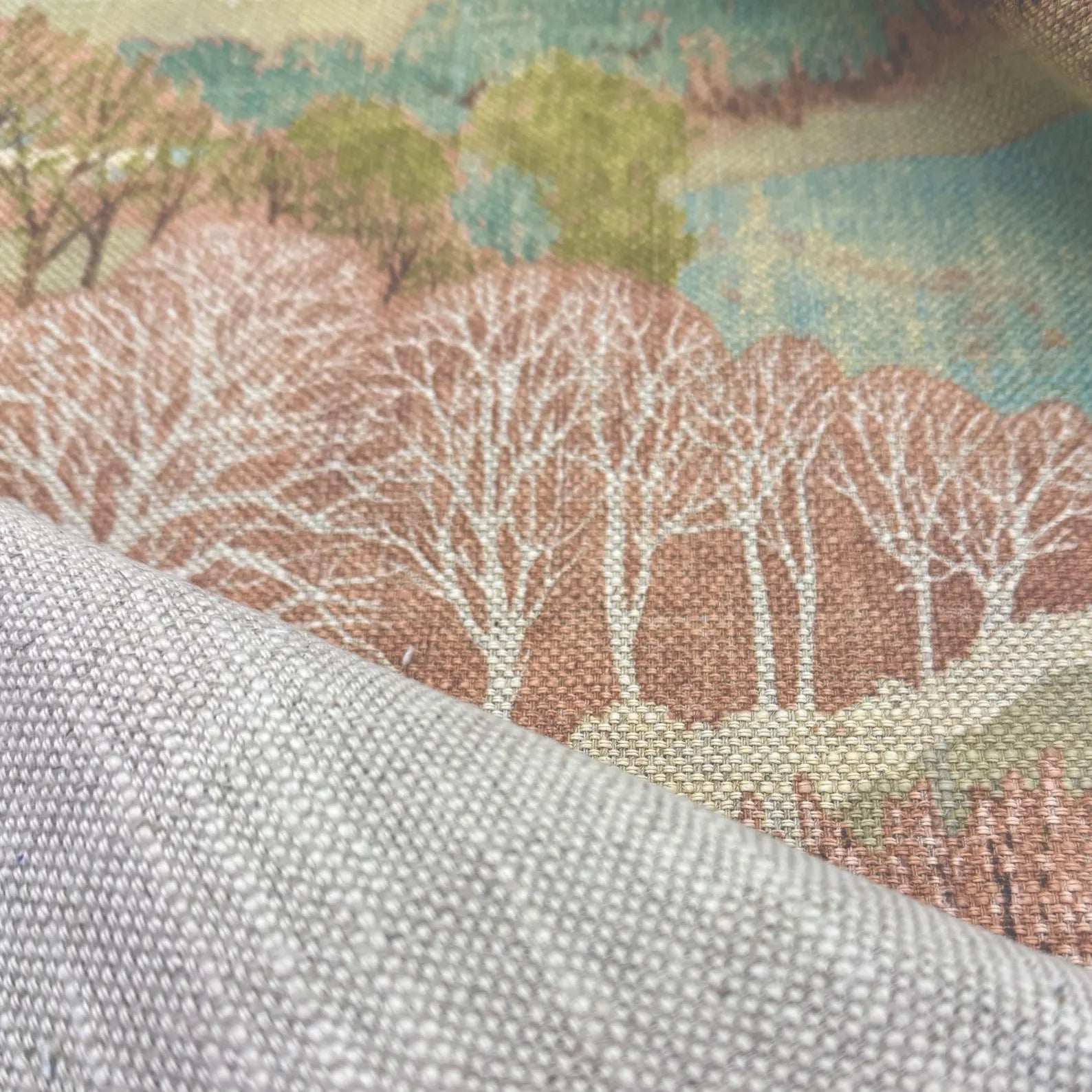 The back side of the Pink Scenic Forest Fabric showing the clean weave and high-quality construction.