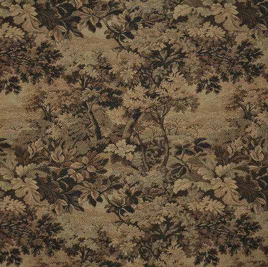 The image is a detailed tapestry or textile with a floral pattern, featuring a variety of leaves, flowers, and branches in shades of brown and beige. The pattern is intricate and visually captivating, showcasing the craftsmanship and artistry of the design.