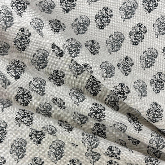 Charcoal Block Print Flower Motif Fabric Black