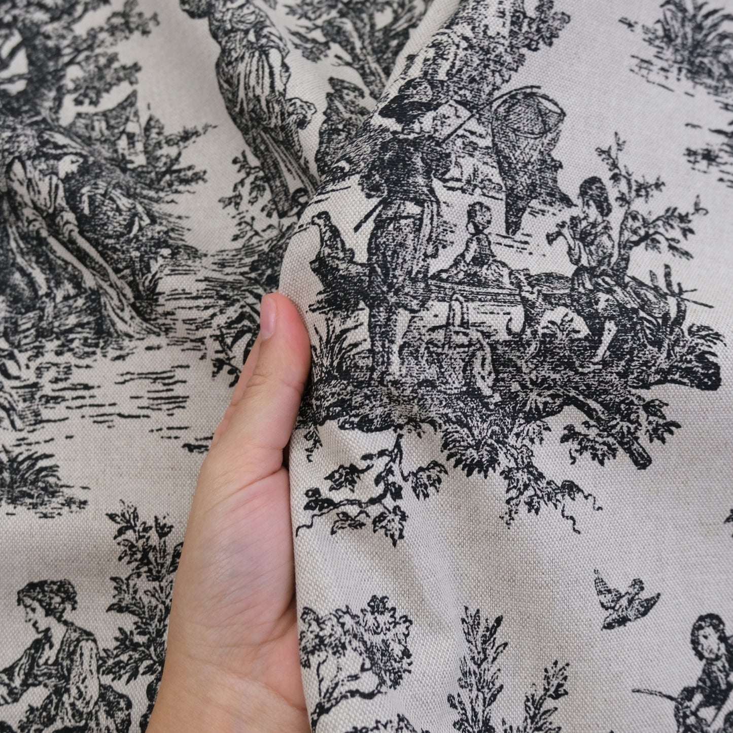 French Country Toile Black Cream Linen Fabric- Scenic Upholstery by the Yard