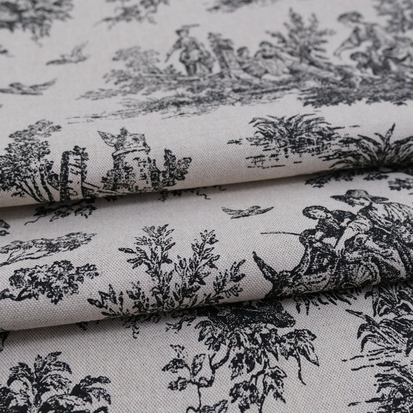 French Country Toile Black Cream Linen Fabric- Scenic Upholstery by the Yard