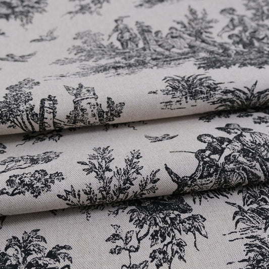 French Country Toile Black Cream Linen Fabric- Scenic Upholstery by the Yard