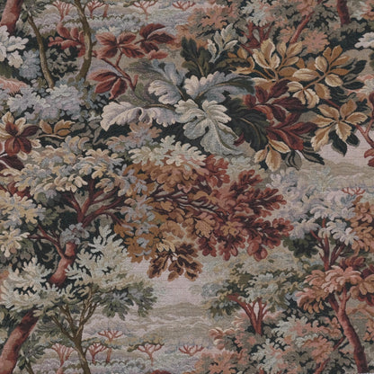 Detailed woven pattern of Woodrose tapestry upholstery fabric showing foliage and scenic verdure motifs, heavyweight jacquard suitable for classic sofa upholstery, armchair restoration, antique furniture, drapery panels, decorative pillows, and heritage style interiors.