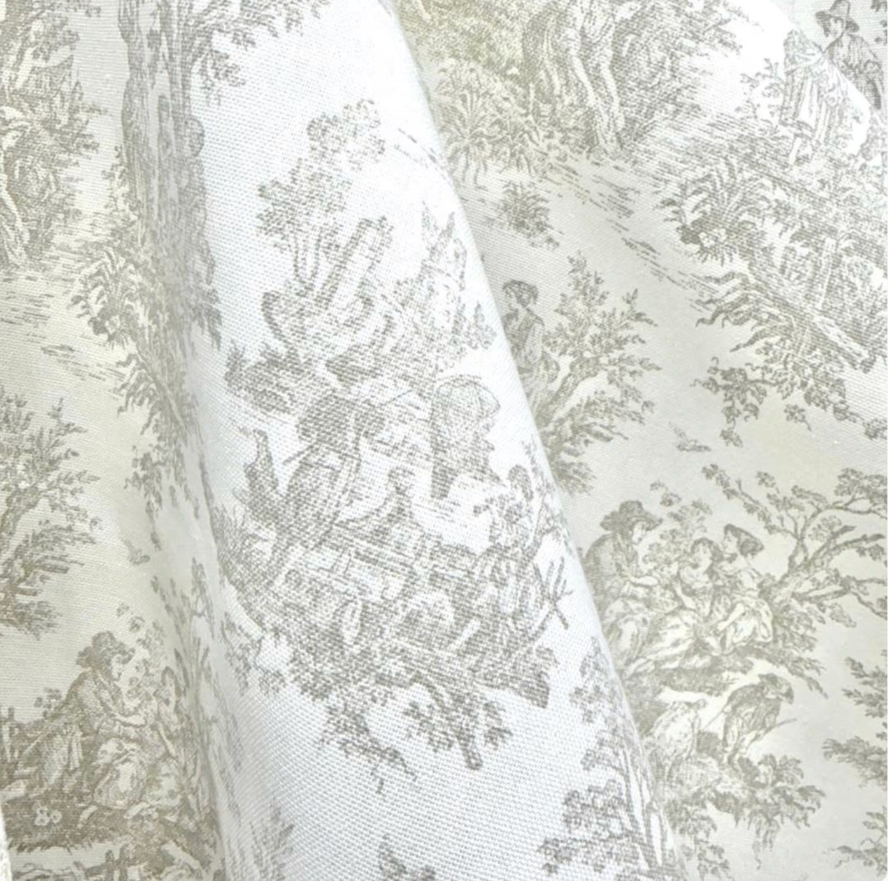 Oatmeal toile fabric by the yard in greige with French country scenic pattern cotton upholstery textile