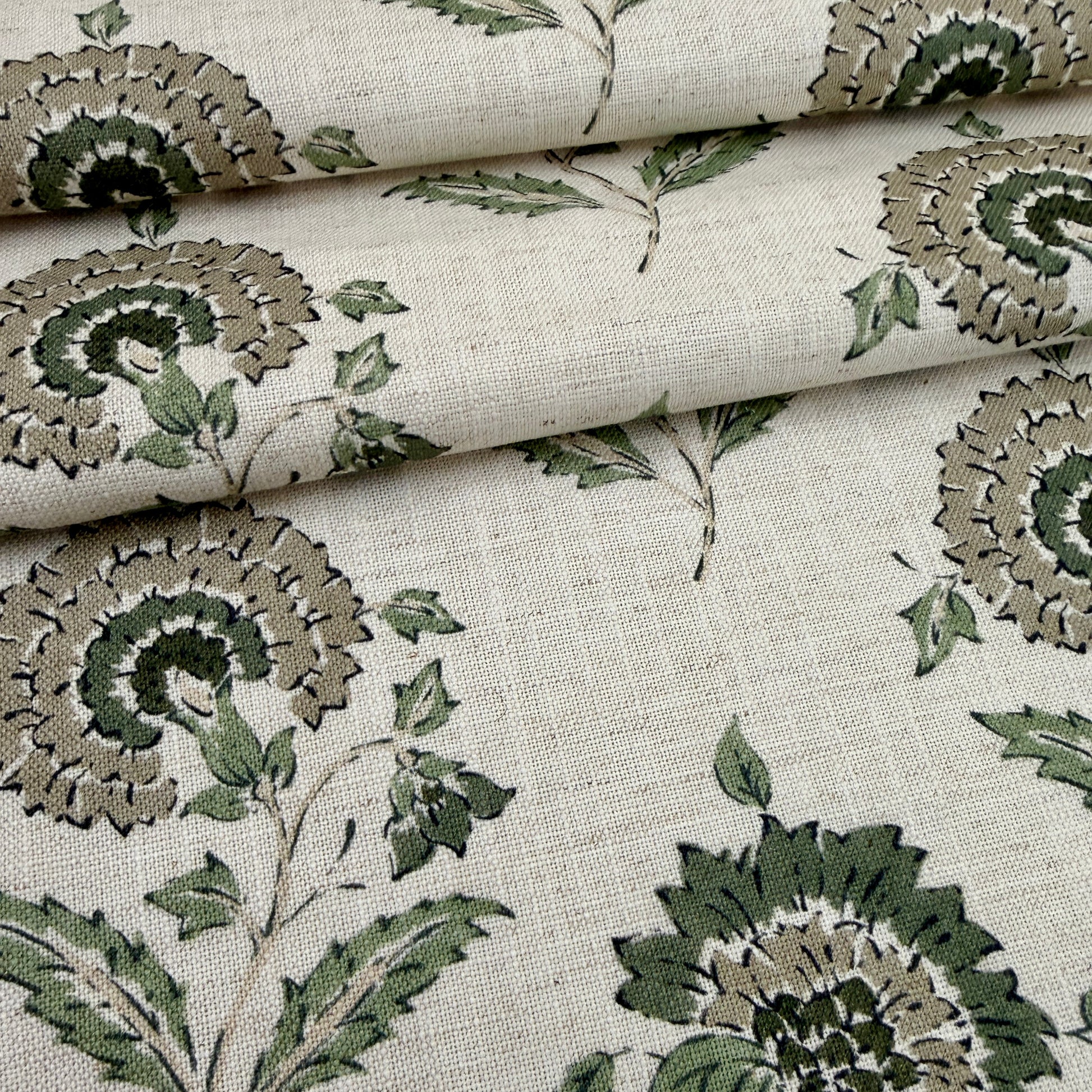 Sage green floral block print fabric botanical pattern