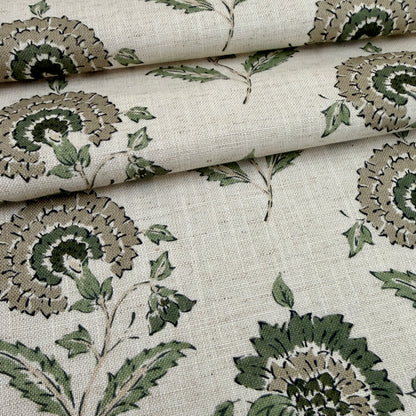 Sage green floral block print fabric botanical pattern