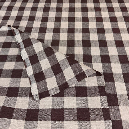 Tess Brown Check Linen Fabric- Rustic Tablecloth & Seasonal Decor