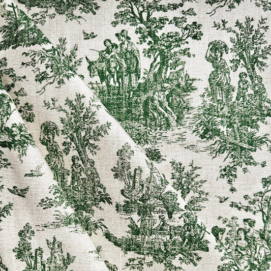 Green Toile Cotton Fabric Pastoral Landscape