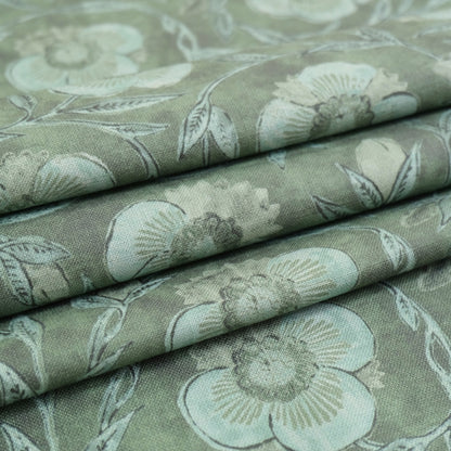 Cypress Green Floral Print Fabric by Yard – Botanical Cotton Linen Blend for Drapery & Upholstery