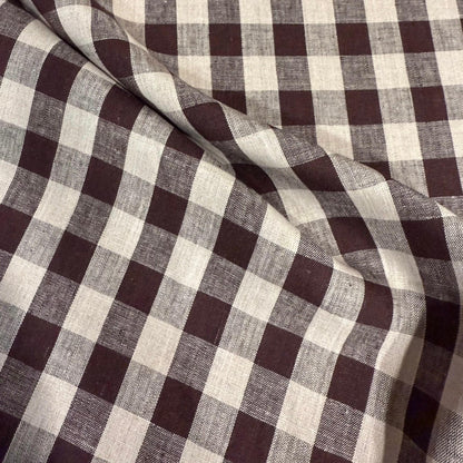 Tess Brown Check Linen Fabric- Rustic Tablecloth & Seasonal Decor