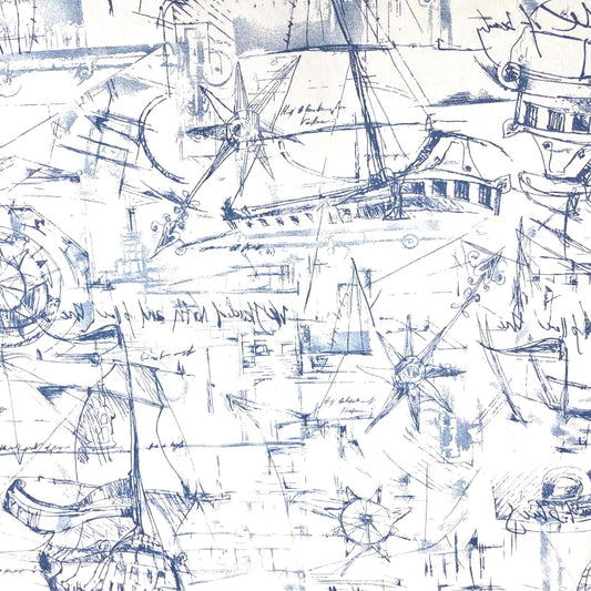The image is a collage of various sketches and drawings of ships, boats, and other maritime elements in a blue and white color scheme.