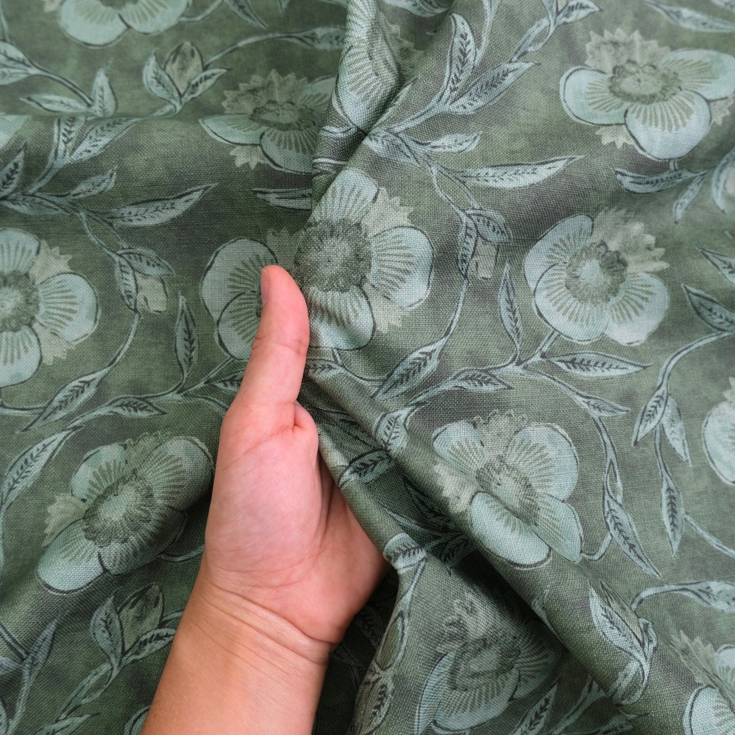 Cypress Green Floral Print Fabric by Yard – Botanical Cotton Linen Blend for Drapery & Upholstery