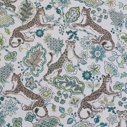 Green animal print floral fabric close up texture Interior decor fabric leopard floral design