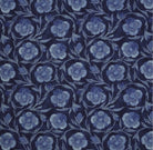 Indigo Floral Block Print Fabric in two tone navy blue showcasing its maximalist designer style large scale midnight blue fabric is perfect for window drapery yardage and enhancing home decor