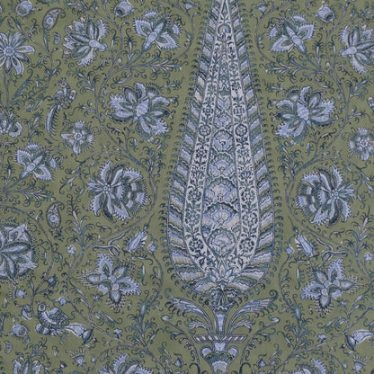 a detailed and intricate paisley pattern with a large central motif surrounded by smaller floral and leaf-like designs in shades of green and blue. The pattern appears to be a textile or wallpaper design, with the central motif being the focal point.