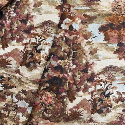Scenic forest upholstery fabric warm rose tones