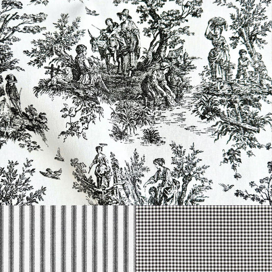 Black Toile and Gingham Cotton Fabric – French Country Quilt & Curtain Fabric by the Yard