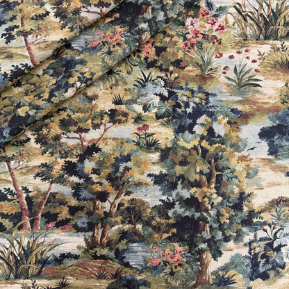 Scenic fabric for drapery blue green palette