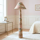 Unique upholstered floor lamp wrapped in Pink Scenic Forest Fabric as a statement home decor piece.
