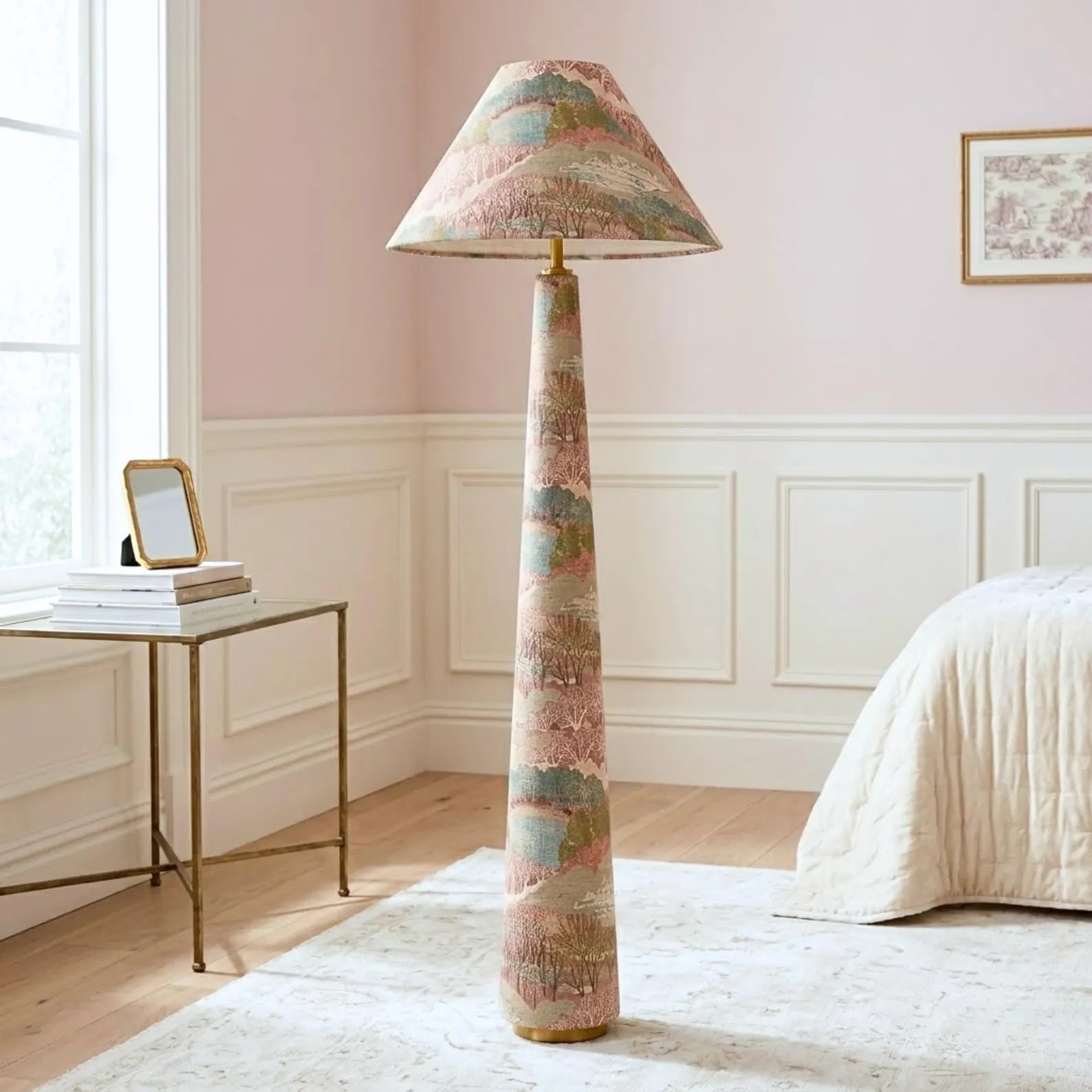 Unique upholstered floor lamp wrapped in Pink Scenic Forest Fabric as a statement home decor piece.