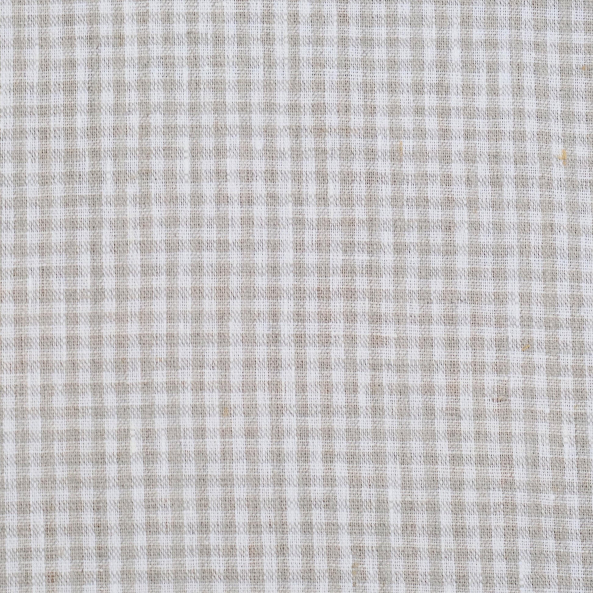 Beige gingham fabric with small neutral checks, cotton linen texture