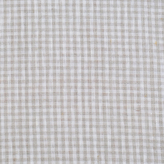Beige gingham fabric with small neutral checks, cotton linen texture