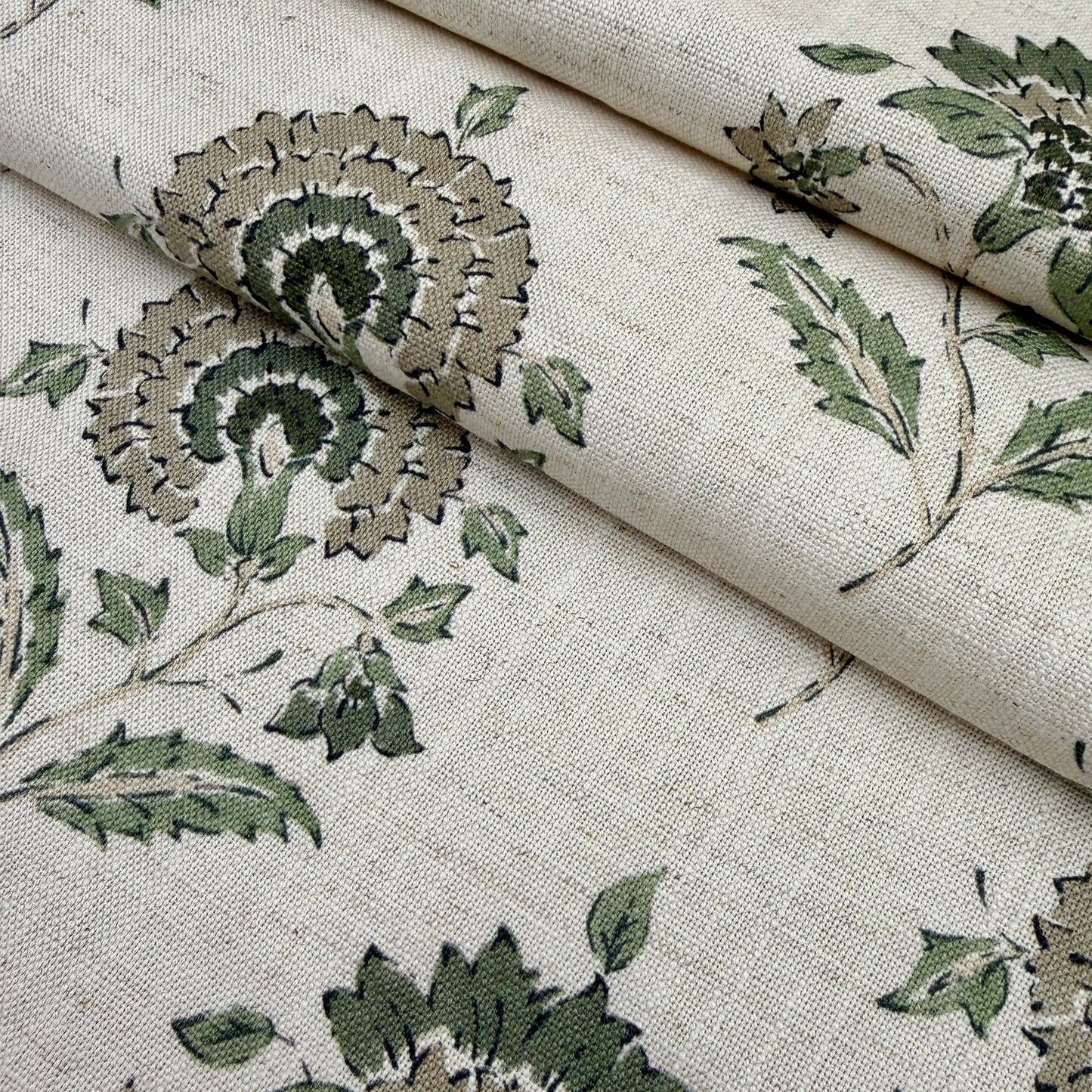 Floral block print upholstery fabric sage green
