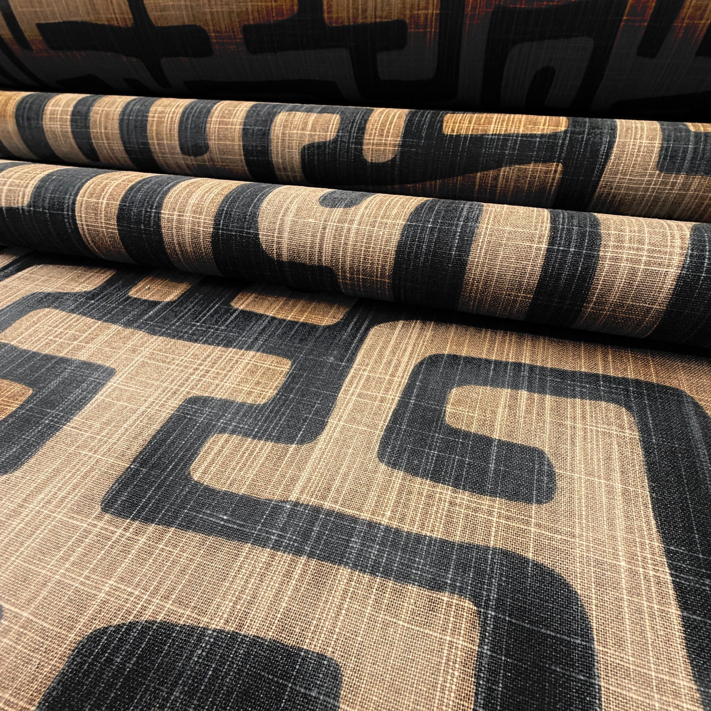 Geometric Fabric Brown Black Abstract Maze Canvas by Yard