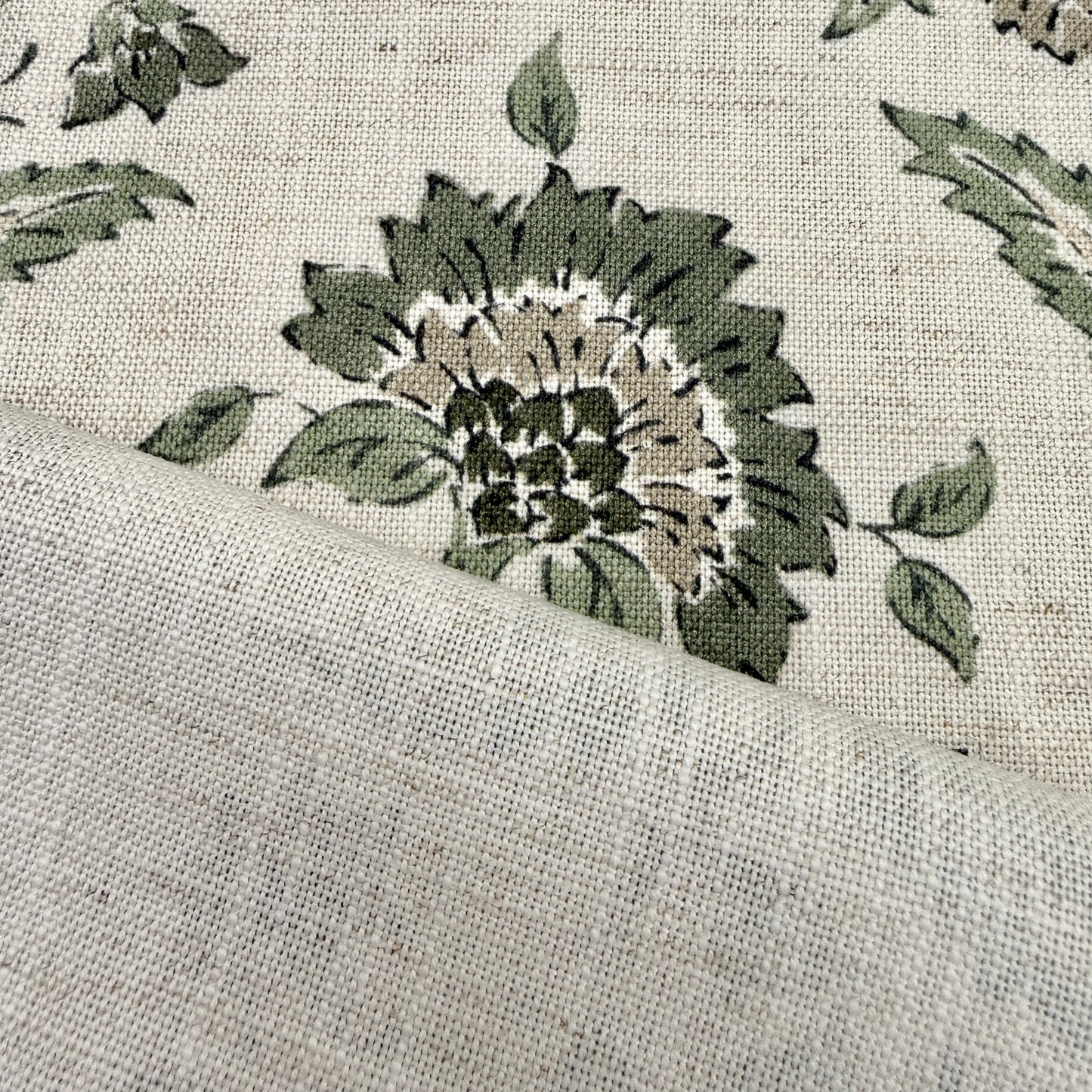 Backside of sage green floral upholstery fabric