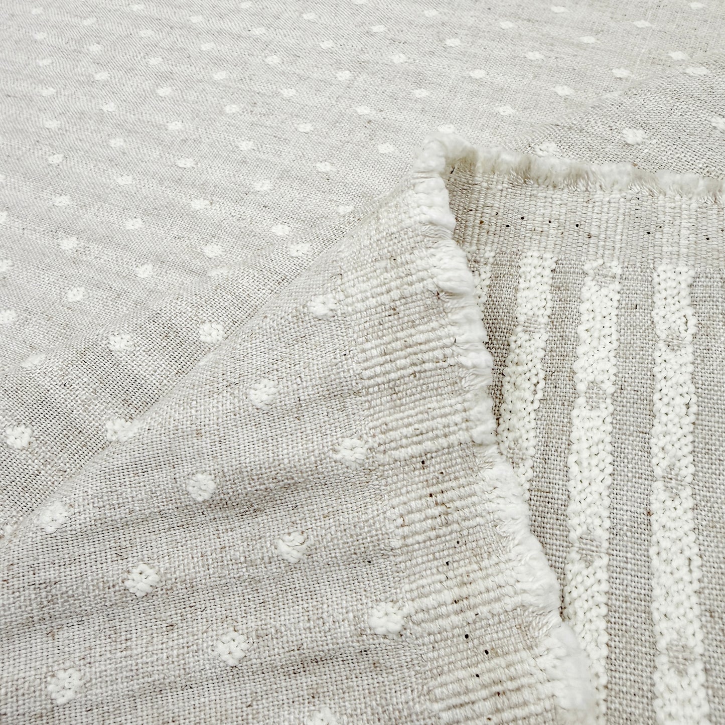 Ivory Textured Linen Blend Fabric- Embroidered Dot Upholstery Fabric for Home Decor & Crafts